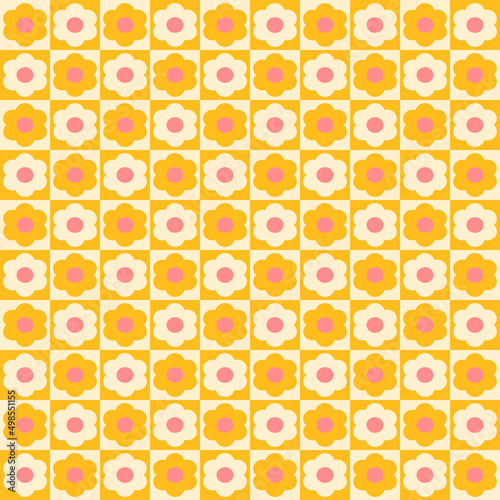 Vintage checkerboard geometric floral seamless pattern. Retro 70s nostalgic simple shaped groovy flowers with circles colorful background. Modern fashion vector print for fabric, wallpaper