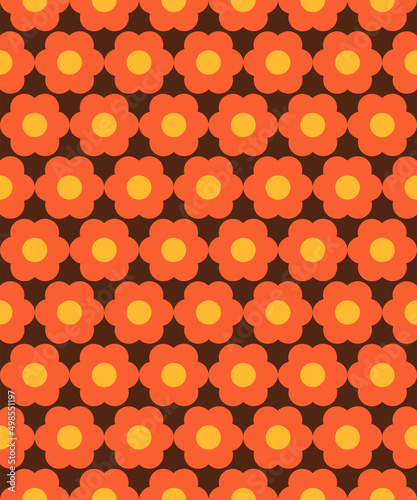 Vintage geometric floral seamless pattern. Retro 70s nostalgic simple shaped groovy flowers with circles colorful background. Modern fashion vector print for fabric, wallpaper