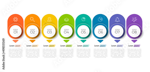 Minimal infographic Timeline template can be used for workflow layout, diagram, number options, web design. Infographic business concept with 8 option, parts, steps or processes. Abstract background.