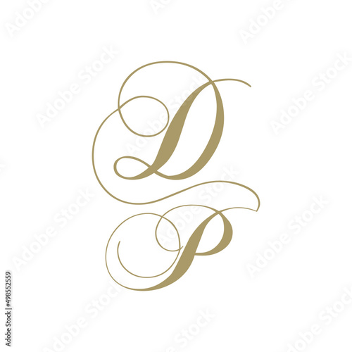 gold script monogram, letter d and letter p