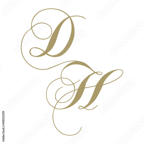 gold script monogram, letter d and letter h