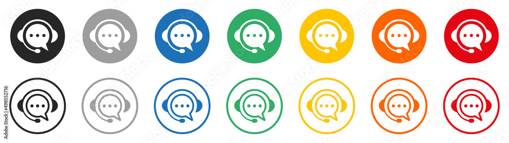 Set of headset and speech bubbles icons. Headphone signs, contact us, colorful support icons. Vector. - obrazy, fototapety, plakaty 