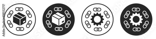 Set of supply chain icons. Logistic and delivery symbol. Gear, chain and box in the circle. Supply chain vector. photo