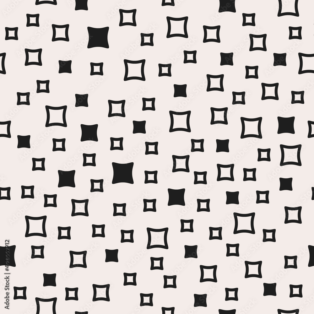 Black and white empty squares inside are randomly scattered across the canvas. Seamless vector pattern of identical squares of different sizes.