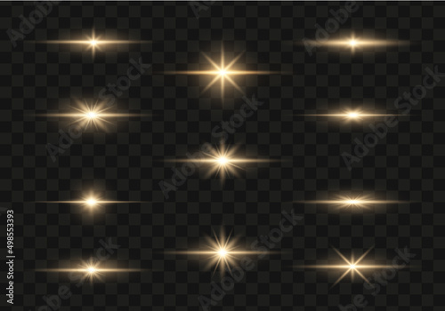 Set of bright gold flashes, lights and sparks on a transparent background. Abstract flash with glowing line, sunrise, shining golden stars. Ray shining border. Vector illustration