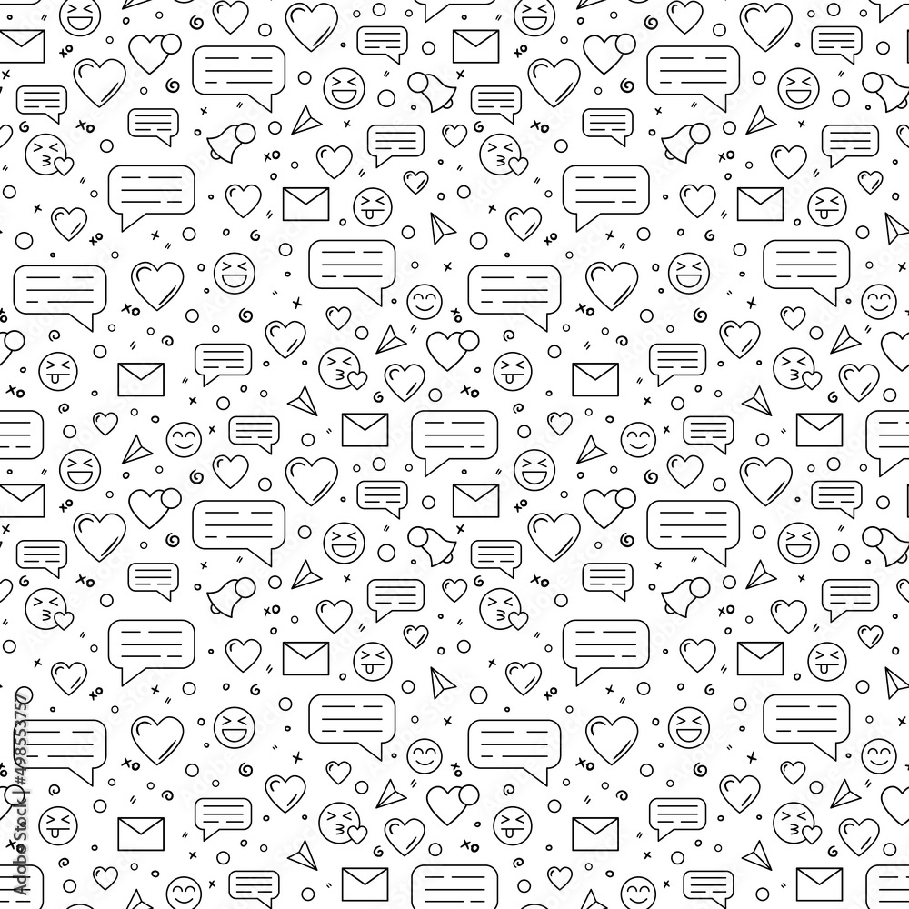 Social networks and dating apps vector linear seamless pattern with message icons, emoticons and hearts.