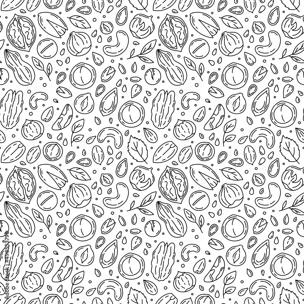 Nuts and Seeds vector seamless pattern with icons in the Doodle style. Black linear walnuts, macadamia, hazelnuts and peanuts Nuts and Seeds vector seamless pattern with icons in the Doodle style. Black linear walnuts, macadamia, hazelnuts and peanuts