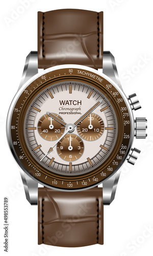 Realistic watch clock silver brown face arrow number with leather strap on white design classic luxury vector