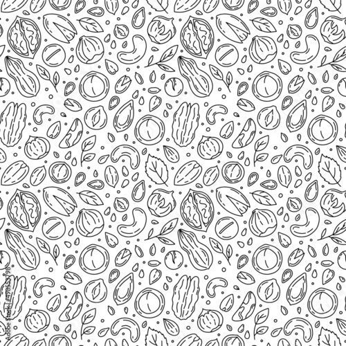 Nuts and Seeds vector seamless pattern with icons in the Doodle style. Black linear walnuts  macadamia  hazelnuts and peanuts