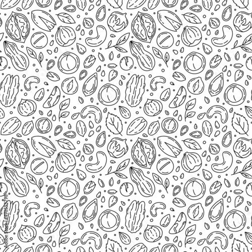 Nuts and Seeds vector seamless pattern with icons in the Doodle style. Black linear walnuts, macadamia, hazelnuts and peanuts