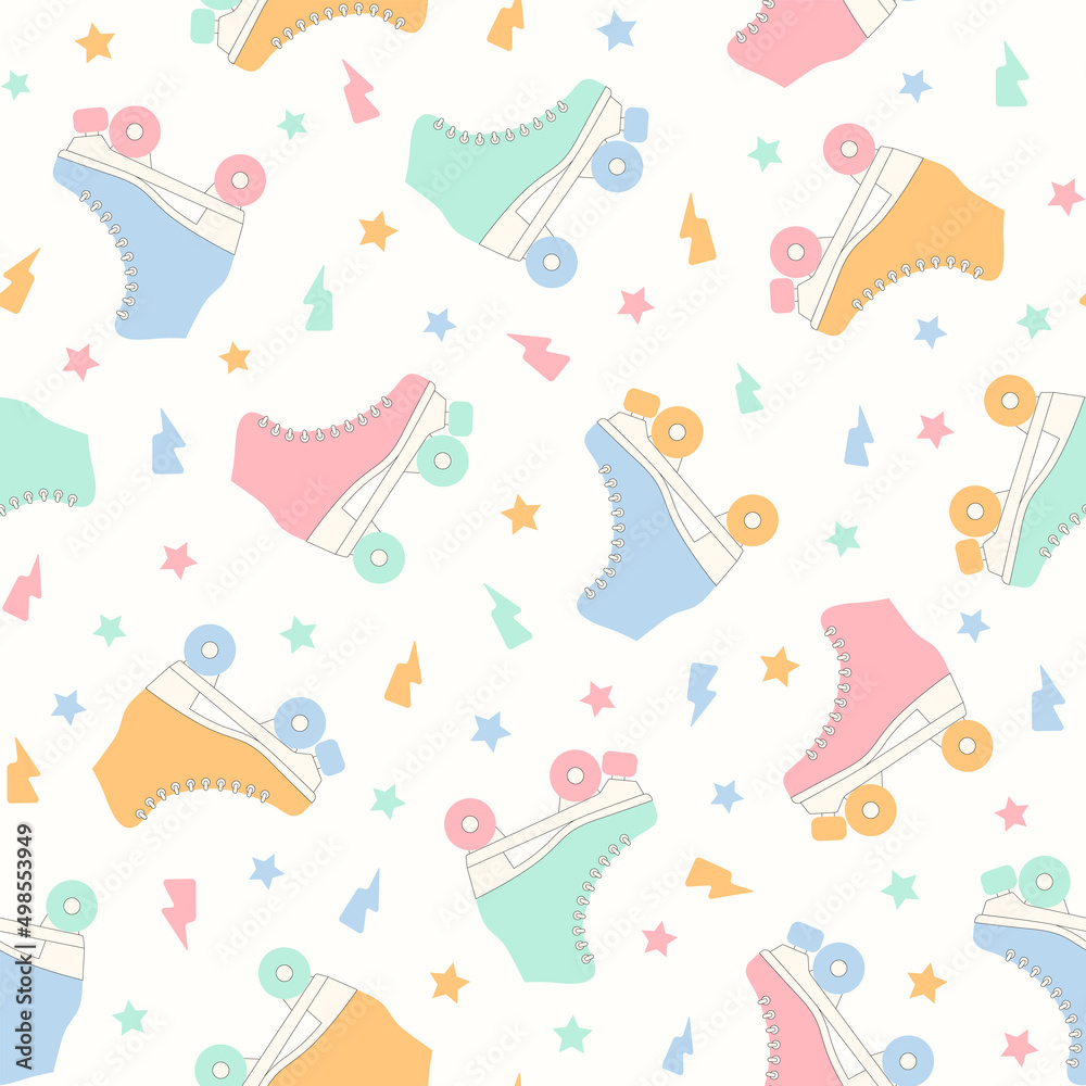 Roller skate groovy seamless pattern. Pastel colored retro vector background. Cartoon style fashion print for fabric, wallpaper, wrapping paper