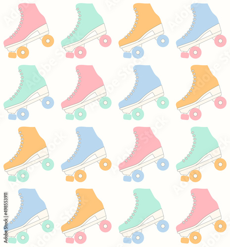 Roller skate groovy seamless pattern. Pastel colored retro vector background. Cartoon style fashion print for fabric, wallpaper, wrapping paper