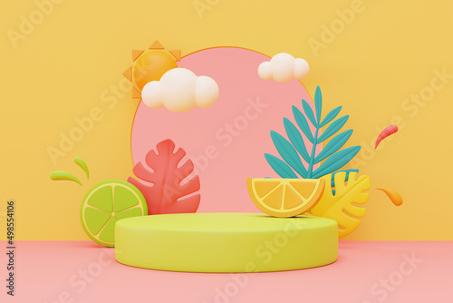 Fototapeta Naklejka Na Ścianę i Meble -  summer display with colorful tropical fruits and palm leaves,3d rendering.