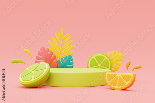 Fototapeta Naklejka Na Ścianę i Meble -  summer display with colorful tropical fruits and palm leaves,3d rendering.