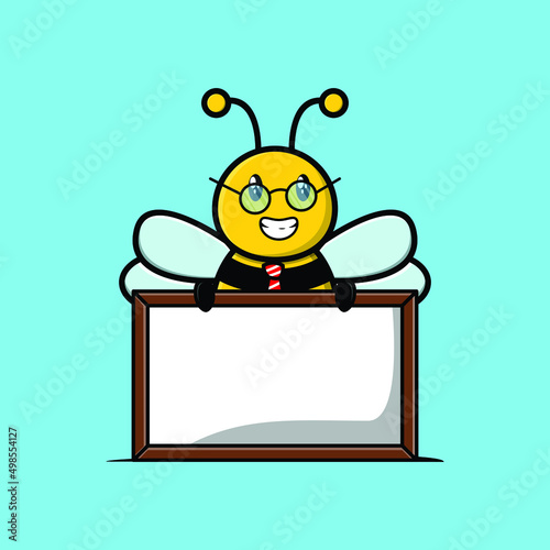 Cute cartoon bee teacher character with big whiteboard in 3d cartoon style concept