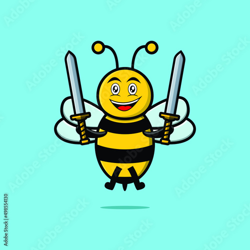Cute cartoon Bee character holding two sword in 3d modern design