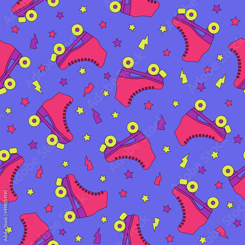 Roller skate groovy seamless pattern. Neon colored retro vector background. Cartoon style fashion print for fabric, wallpaper, wrapping paper