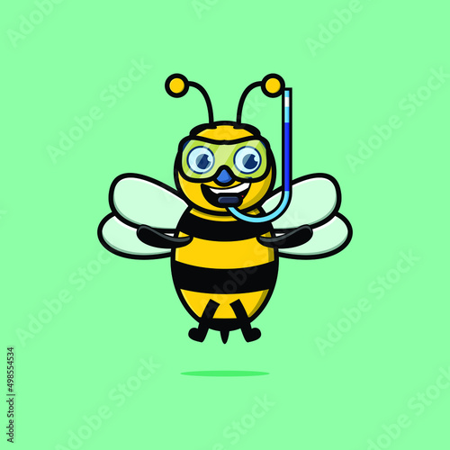 Cute cartoon bee diver with swimming glass in 3d modern style design