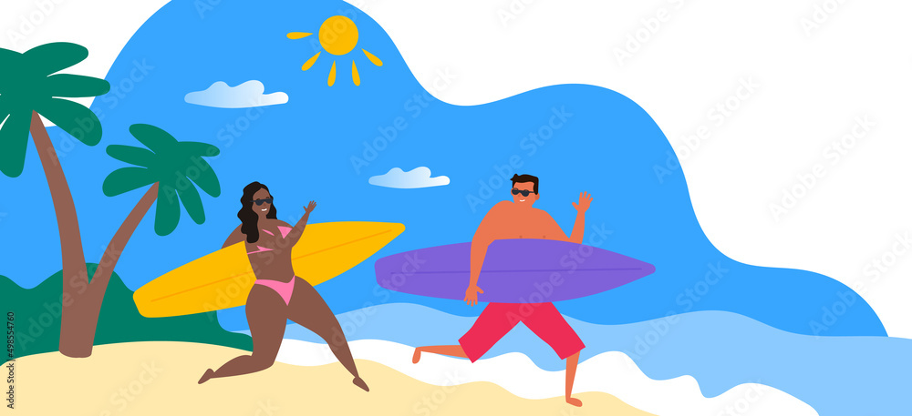 running surfers african american woman and man  summer beach ocean vacation vector illustration