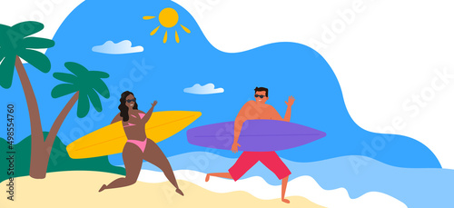 running surfers african american woman and man summer beach ocean vacation vector illustration