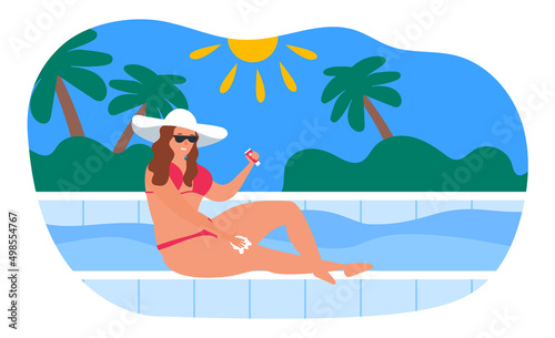 woman applying sunscreen skin protection siiting near the pool summer vacation vector illustration