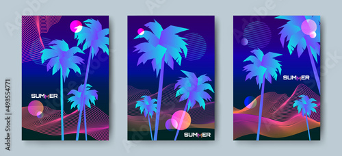 summer futuristic posters design set  with palm trees abstract wave lines 80s retro style vector illustration 