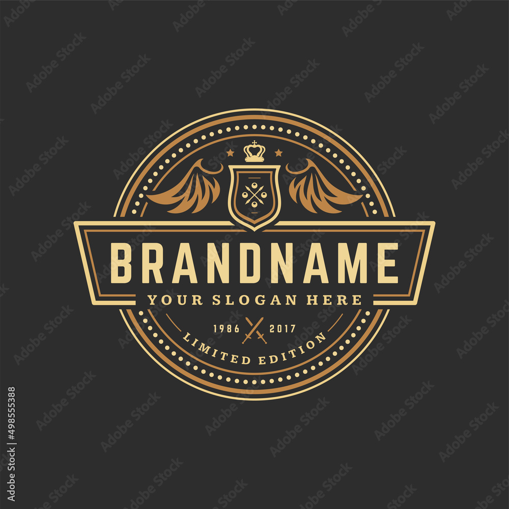 Luxury logo template vector object for logotype or badge design. Trendy vintage royal style illustration, good for fashion boutique, alcohol or hotel brand