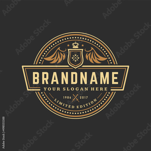 Luxury logo template vector object for logotype or badge design. Trendy vintage royal style illustration, good for fashion boutique, alcohol or hotel brand