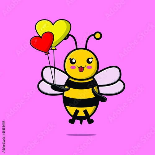 Cute cartoon bee floating with love balloon cartoon vector illustration 