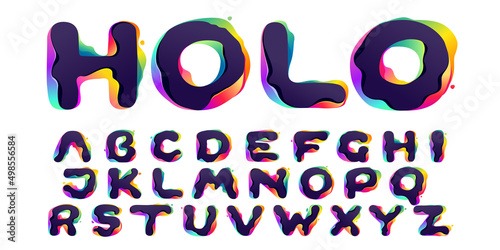 Alphabet with hologram glitch. Multicolor gradient icons set with color shift and illusion effect.