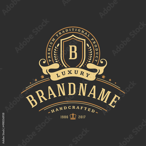 Luxury logo template vector object for logotype or badge design. Trendy vintage royal style illustration, good for fashion boutique, alcohol or hotel brand