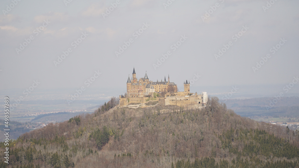 Hohenzollern Castle sitting on top of a hill near the Albsteig hiking trail in Baden-Württemberg state of Germany.
