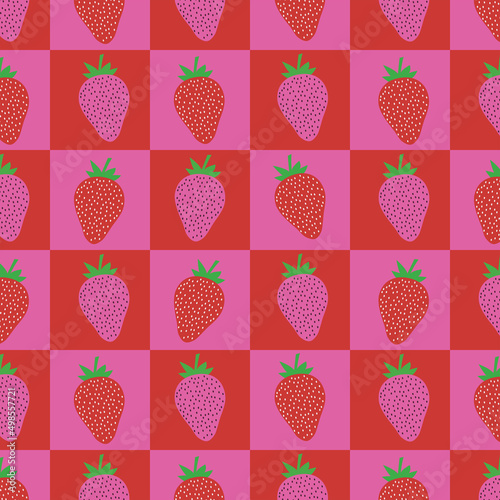 Strawberries on red and pink checkerboard seamless pattern. Great for stationary, textile , posters and gift wrapping paper 