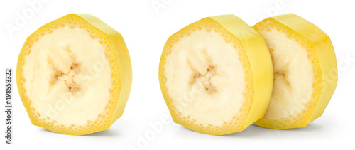 Banana slice isolated. Cut banana on white. Round slice on white background. With clipping path.