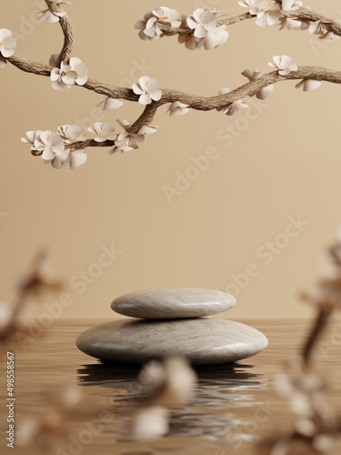 3d minimal pebble display podiums on water and cherry blossom flower or Sakura. 3d rendering of realistic presentation for product advertising. 3d minimal illustration.