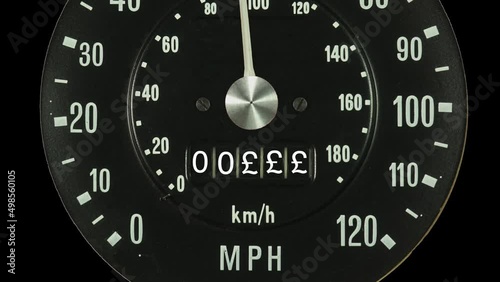 Vehicle speedometer showing increasing speed with the odometer displaying increasing transport vehicle fuel and oil costs in British pounds. Rising energy costs. photo