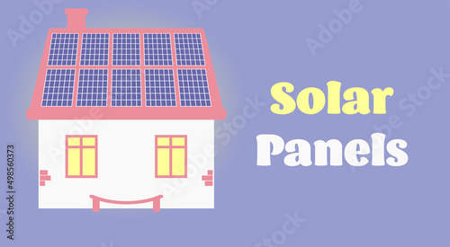 Solar panels on the roof of the house. Green energy. Renewable energy sources. Backup power energy storage system. Ecology home.  Copy space. Vector illustration