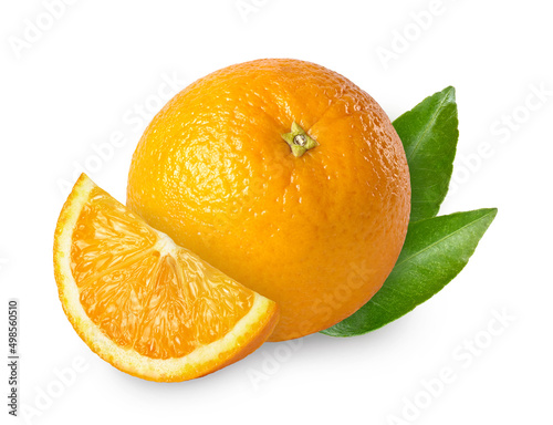 Orange with leaf isolated on white background. Juicy ripe orange fruit.