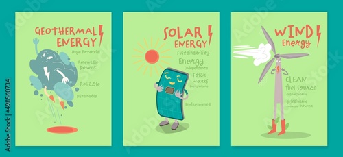 Clean energy vertical posters set with funny creative characters.