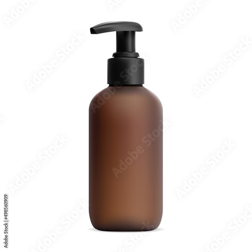 Pump bottle mockup, liquid soap container blank. Dispenser bottle for shower product design. Brown plastic bottle with valve for medicine hand detergent. Batcher pack illustration
