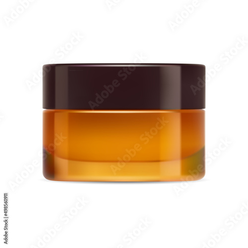 Cosmetic cream jar mockup. Gold glass container, vector template. Luxury round can design for beauty powder. Scrub butter cosmetics product blank, front view
