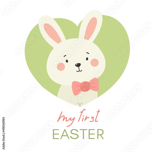 Vector illustration with a cute bunny and the words My first Easter. Children s print  sticker