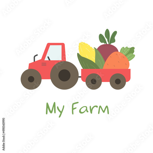 My farm. Cute vector illustration with tractor, cart and vegetables. Children's print.