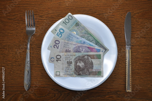 Polish Zloty lies on a white plate. Photo describes the problem of rising prices in the global economy