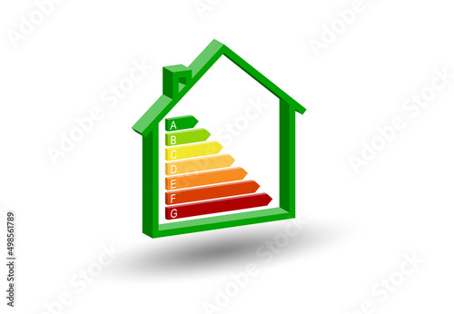 Housing energy efficiency rating certification system. Energy class concept with house and consumption bar. Isometric view. Graphic certification system elementon dark background. Eco chart photo