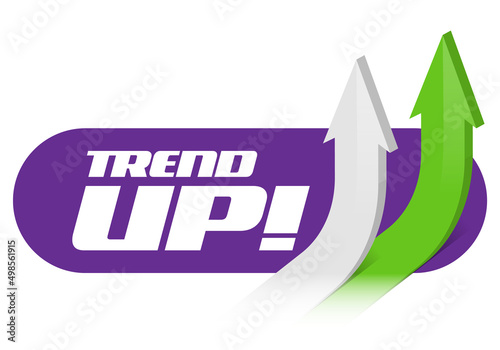 Banner template, two white and green three-dimensional arrows pointing upwards and text on the blue button. Trend Up
