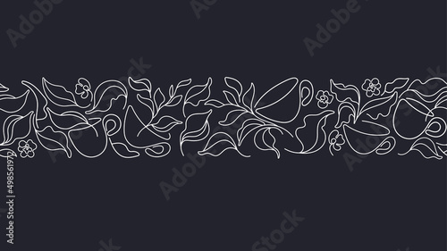 Tea and cup Vector seamless border Linear abstract