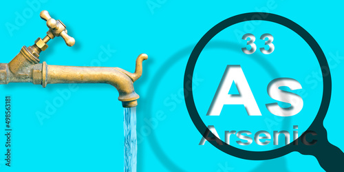 Presence of Arsenic in drinking water - concept with the Mendeleev periodic table, old water brass faucet and magnifying glass