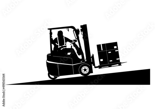 Silhouette of loaded forklift traveling on a slope. Vector.
