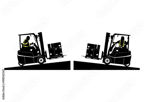 Silhouette of loaded forklift traveling on a slope. Vector.